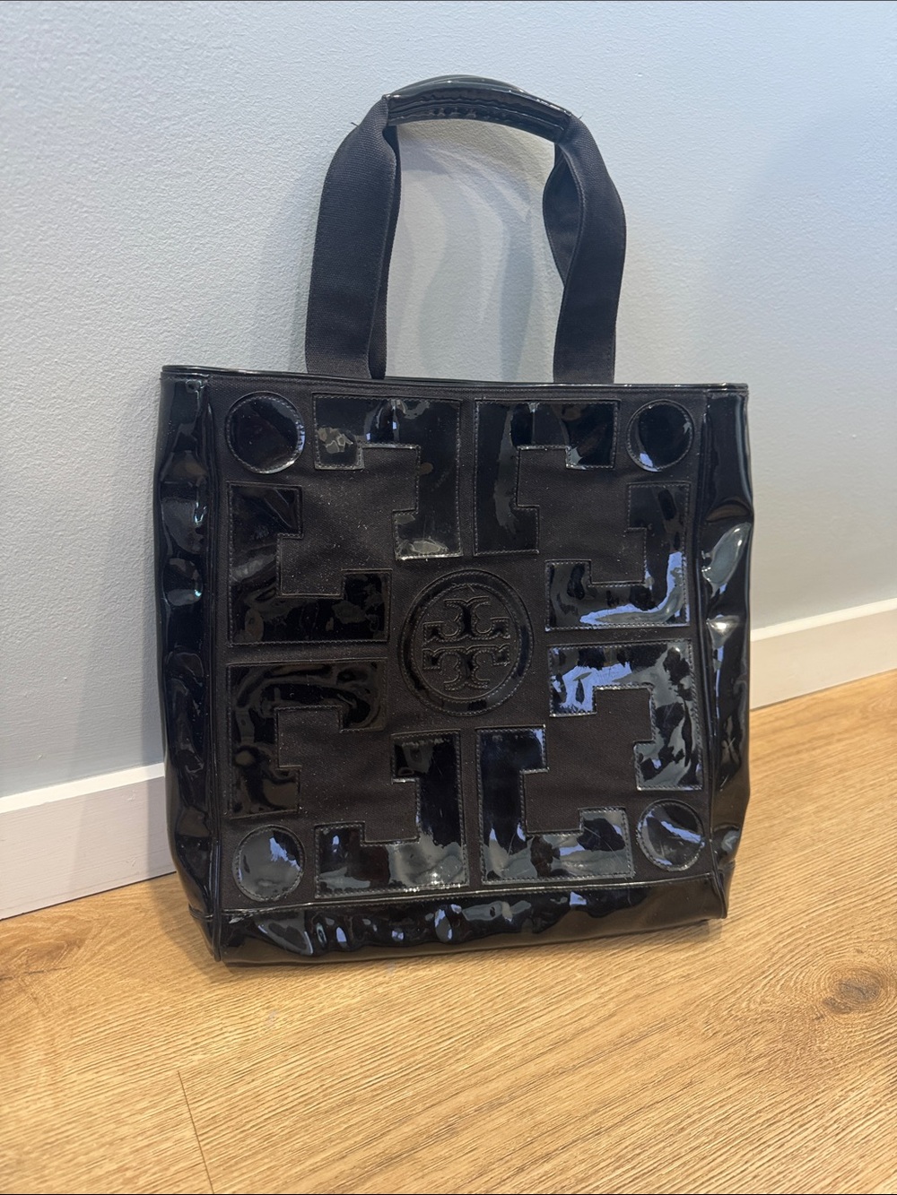 Tory Burch Black Patent Logo Square Tote